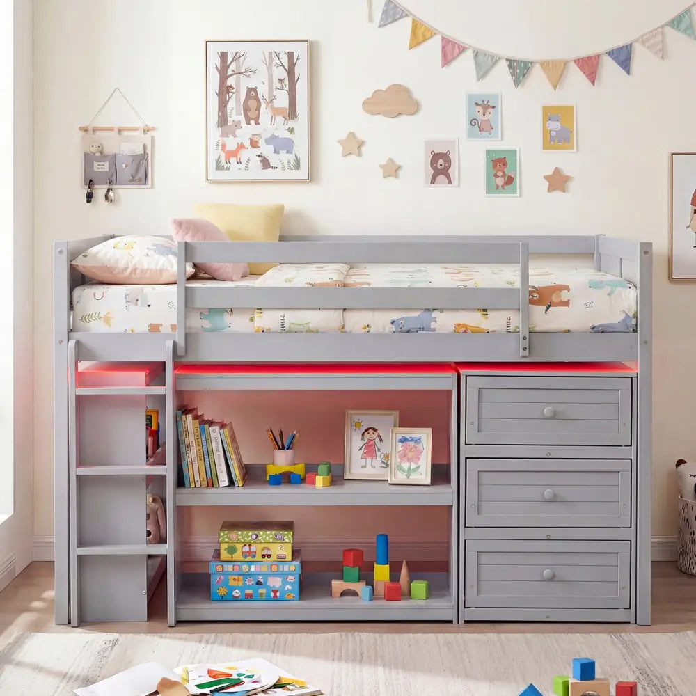 Twin Size Loft Bed with LED Lights and Underbed Space for Kids-Gray - Gray - Bunk Bed Frame