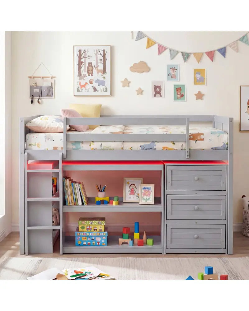 Twin Size Loft Bed with LED Lights and Underbed Space for Kids-Gray - Gray - Bunk Bed Frame