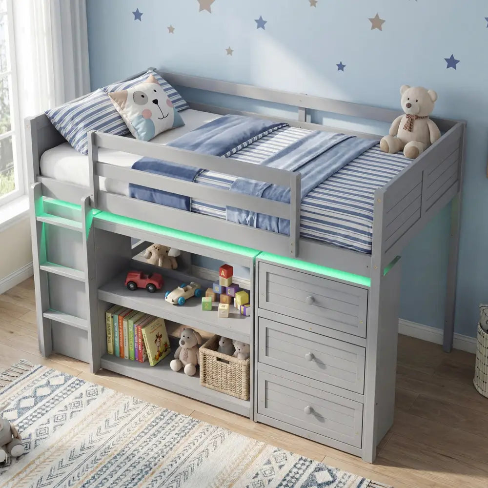 Twin Size Loft Bed with LED Lights and Underbed Space for Kids-Gray - Gray - Bunk Bed Frame