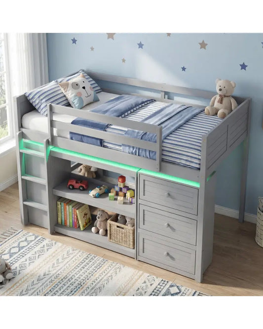 Twin Size Loft Bed with LED Lights and Underbed Space for Kids-Gray - Gray - Bunk Bed Frame