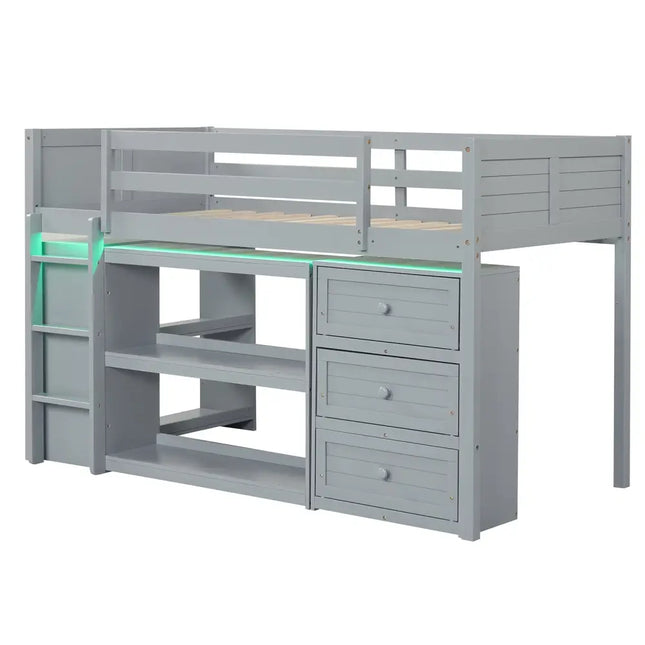 Twin Size Loft Bed with LED Lights and Underbed Space for Kids-Gray - Gray - Bunk Bed Frame