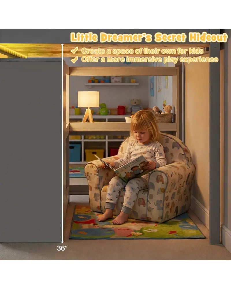 Twin Size Loft Bed with LED Lights and Underbed Space for Kids-Gray - Gray - Bunk Bed Frame