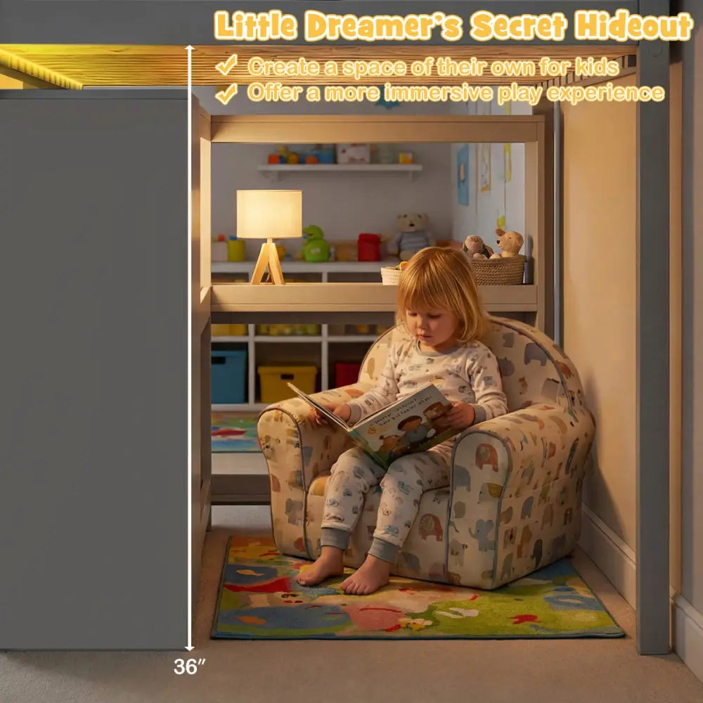 Twin Size Loft Bed with LED Lights and Underbed Space for Kids-Gray - Gray - Bunk Bed Frame