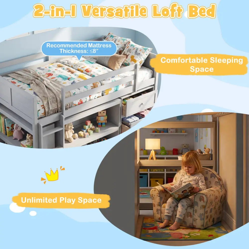 Twin Size Loft Bed with LED Lights and Underbed Space for Kids-Gray - Gray - Bunk Bed Frame