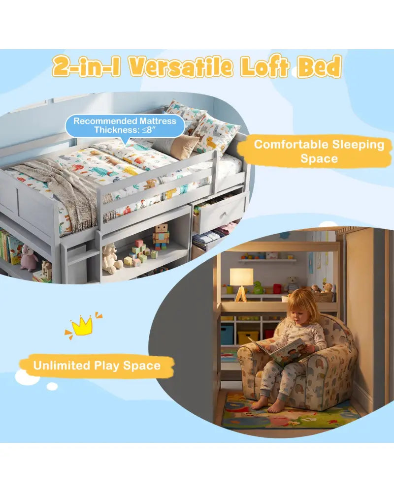 Twin Size Loft Bed with LED Lights and Underbed Space for Kids-Gray - Gray - Bunk Bed Frame