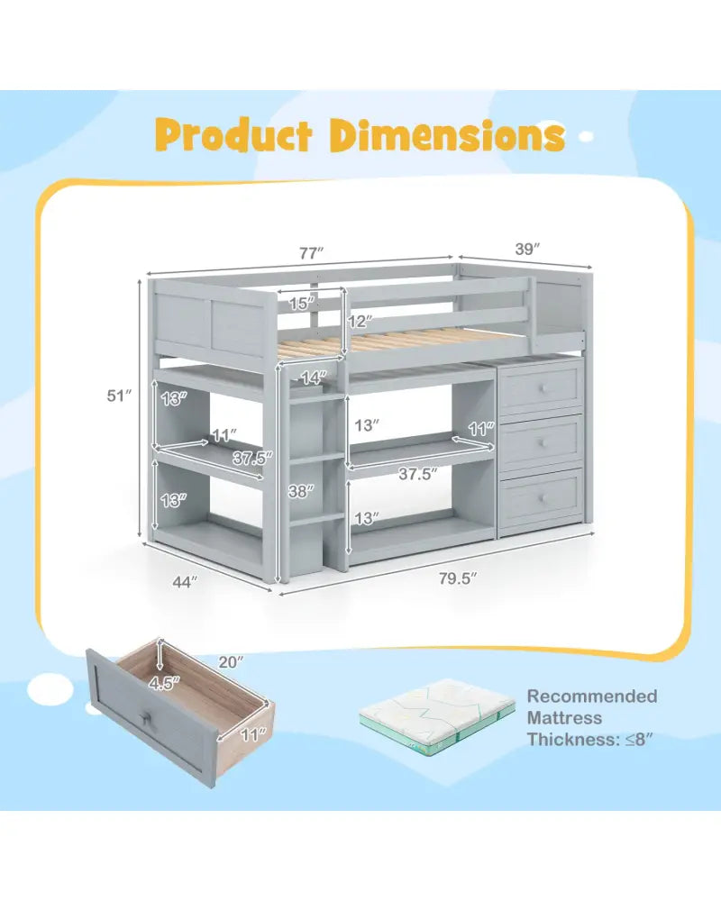 Twin Size Loft Bed with LED Lights and Underbed Space for Kids-Gray - Gray - Bunk Bed Frame