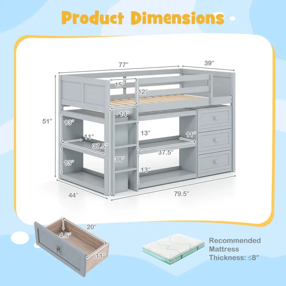 Twin Size Loft Bed with LED Lights and Underbed Space for Kids-Gray - Gray - Bunk Bed Frame