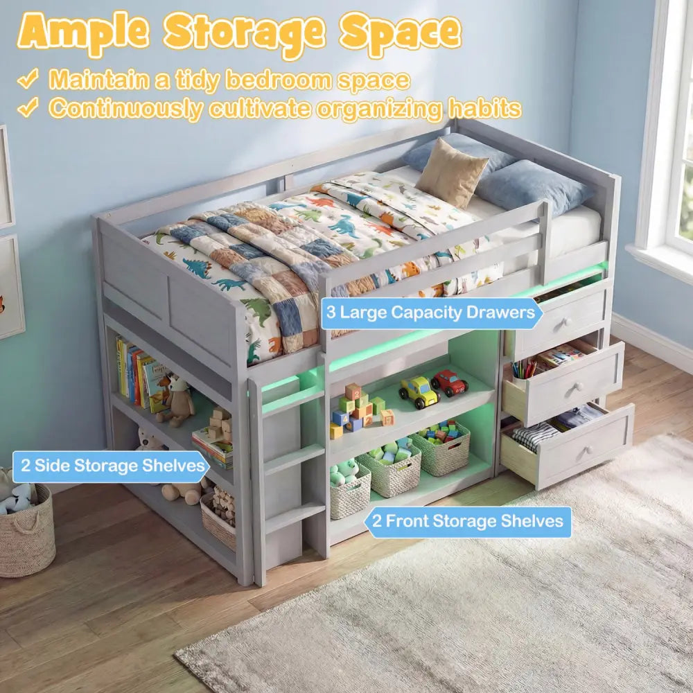 Twin Size Loft Bed with LED Lights and Underbed Space for Kids-Gray - Gray - Bunk Bed Frame