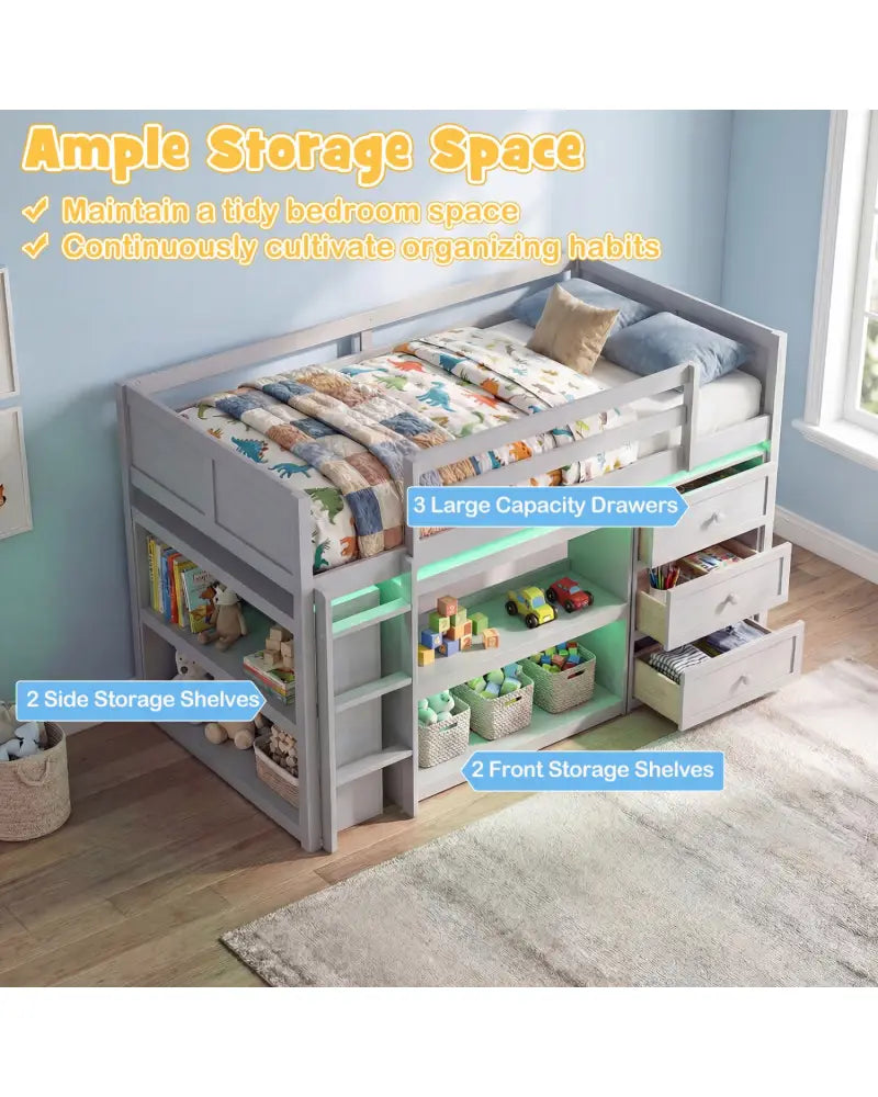 Twin Size Loft Bed with LED Lights and Underbed Space for Kids-Gray - Gray - Bunk Bed Frame