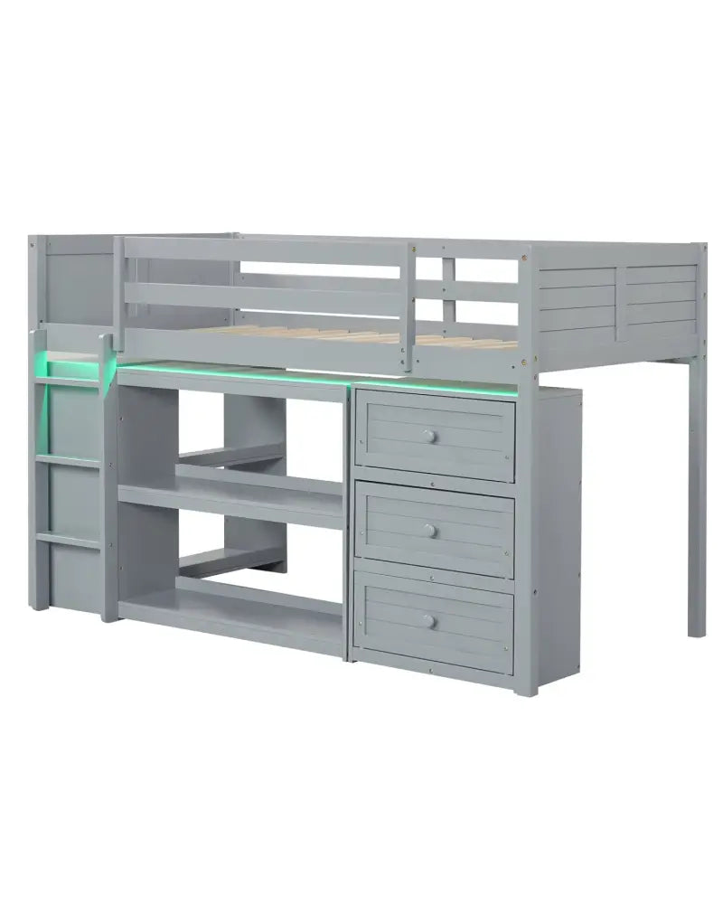Twin Size Loft Bed with LED Lights and Underbed Space for Kids-Gray - Gray - Bunk Bed Frame