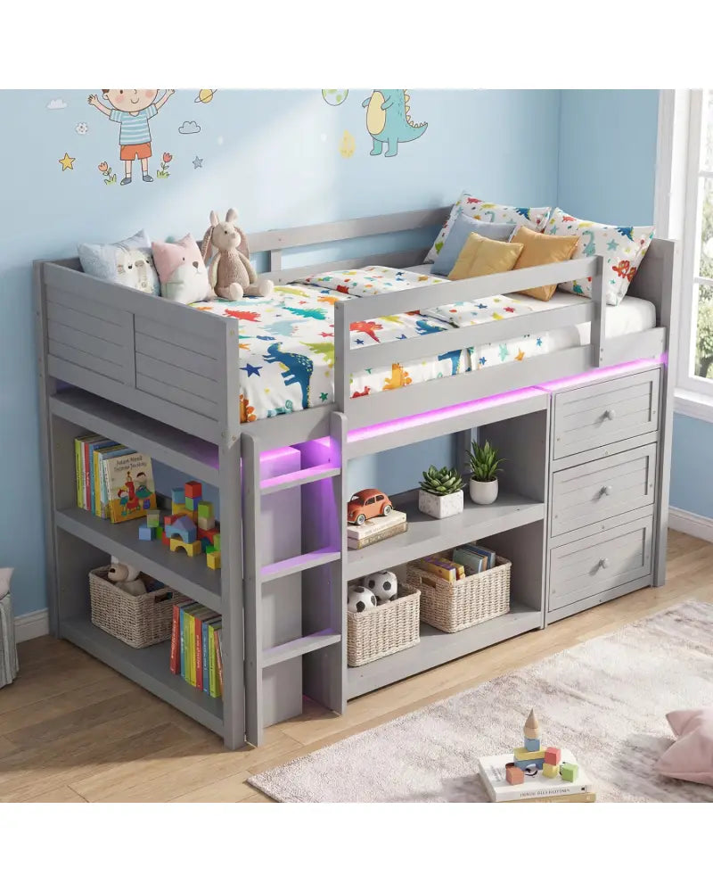 Twin Size Loft Bed with LED Lights and Underbed Space for Kids-Gray - Gray - Bunk Bed Frame