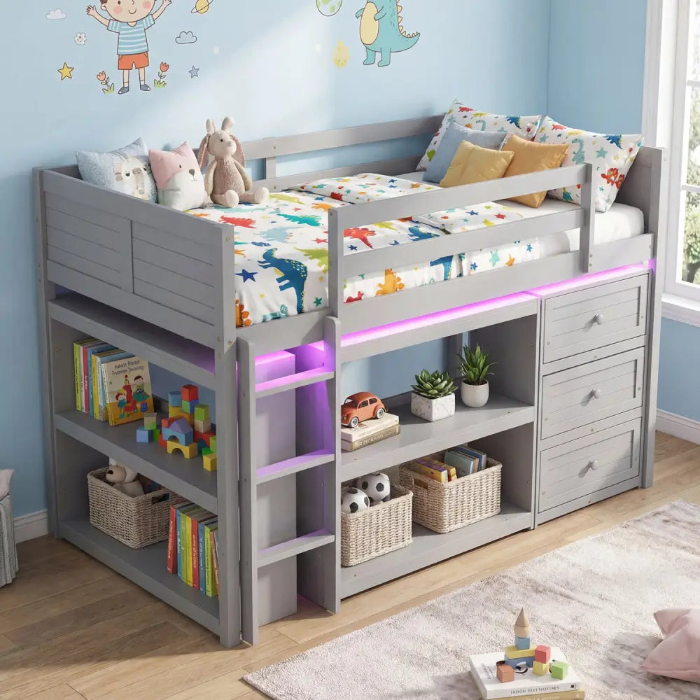 Twin Size Loft Bed with LED Lights and Underbed Space for Kids-Gray - Gray - Bunk Bed Frame