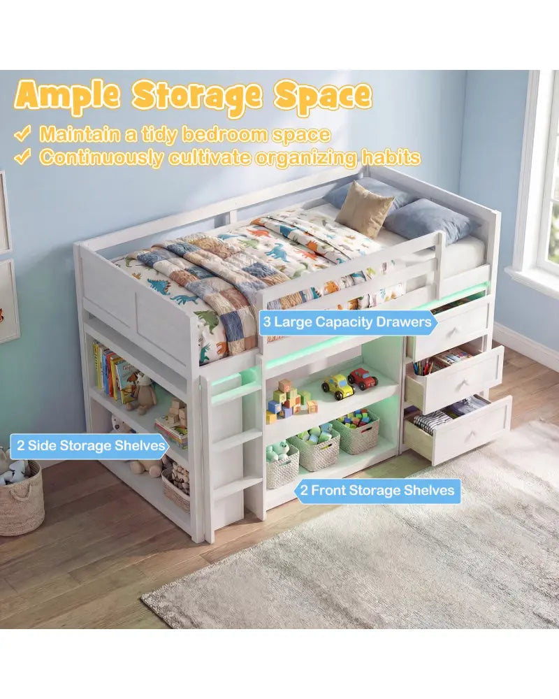 Twin Size Loft Bed with LED Lights and Underbed Space for Kids-White - White - Bunk Bed Frame
