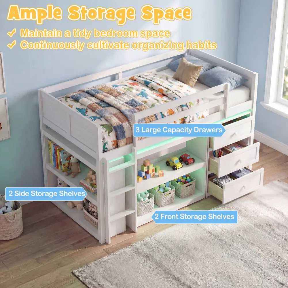 Twin Size Loft Bed with LED Lights and Underbed Space for Kids-White - White - Bunk Bed Frame