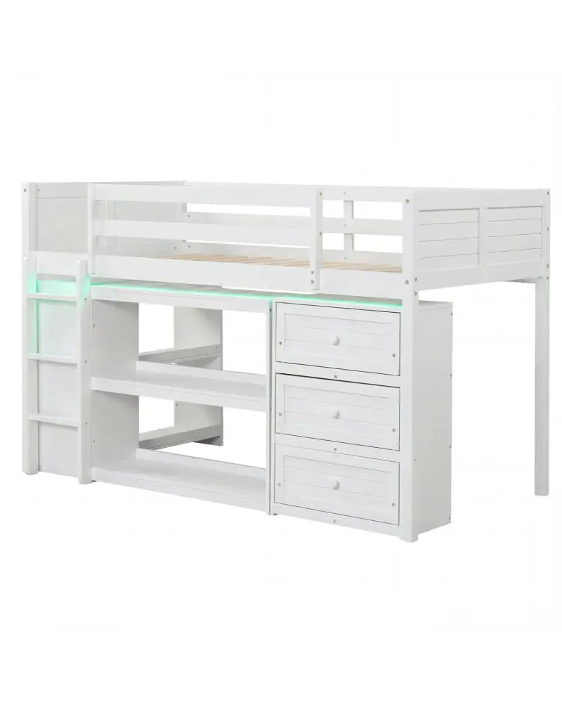 Twin Size Loft Bed with LED Lights and Underbed Space for Kids-White - White - Bunk Bed Frame