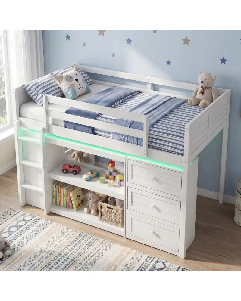 Twin Size Loft Bed with LED Lights and Underbed Space for Kids-White - White - Bunk Bed Frame