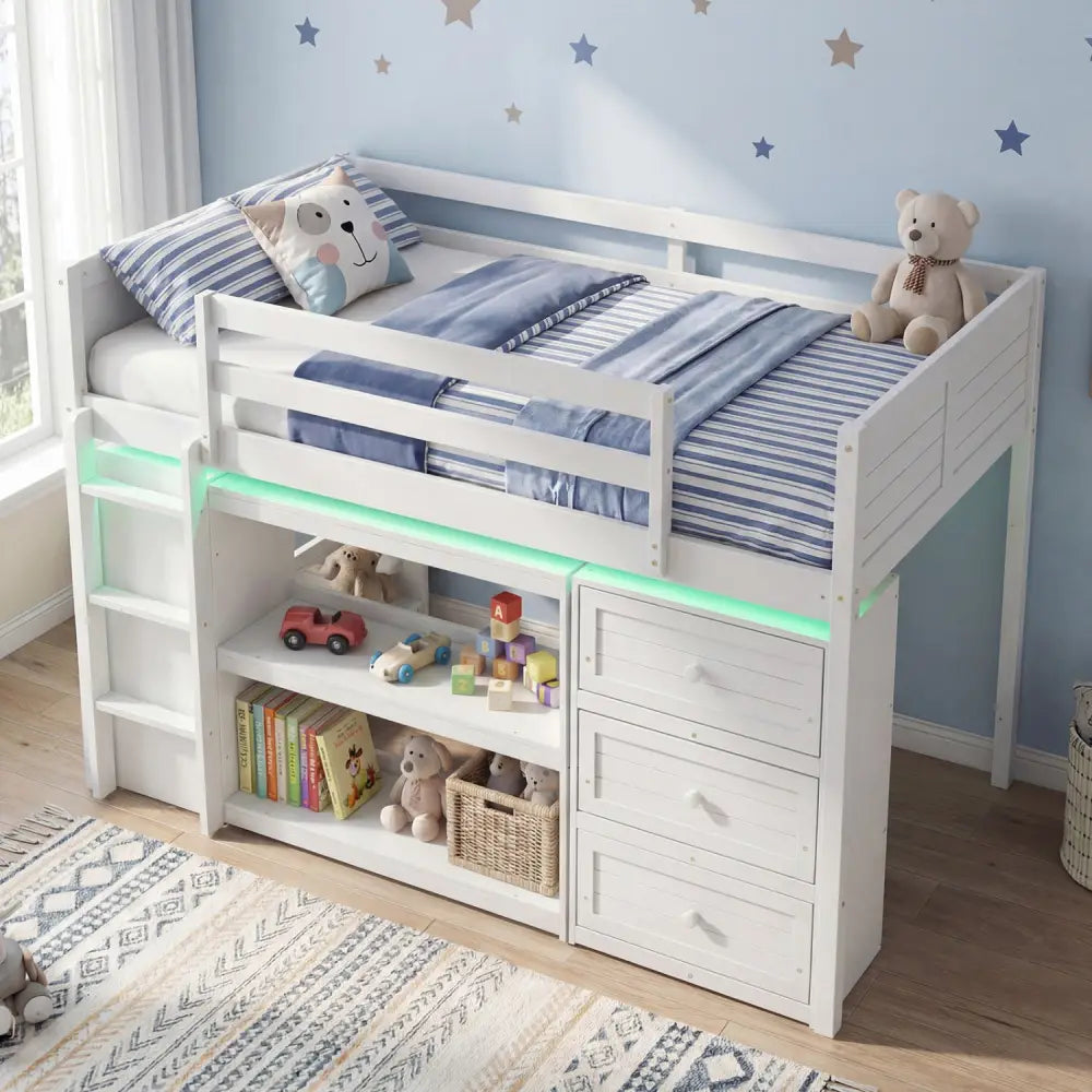 Twin Size Loft Bed with LED Lights and Underbed Space for Kids-White - White - Bunk Bed Frame