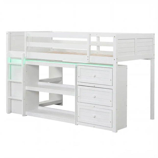 Twin Size Loft Bed with LED Lights and Underbed Space for Kids-White - White - Bunk Bed Frame