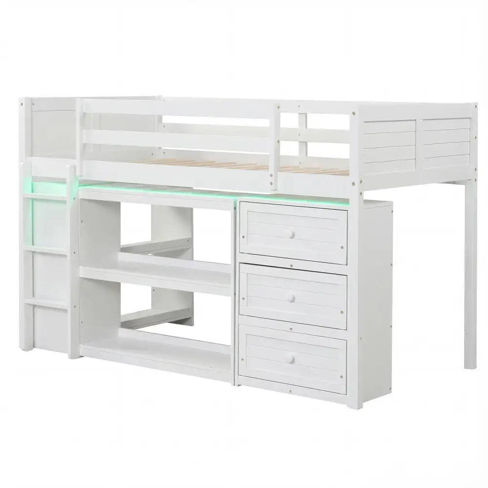 Twin Size Loft Bed with LED Lights and Underbed Space for Kids-White - White - Bunk Bed Frame