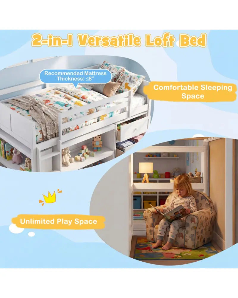 Twin Size Loft Bed with LED Lights and Underbed Space for Kids-White - White - Bunk Bed Frame
