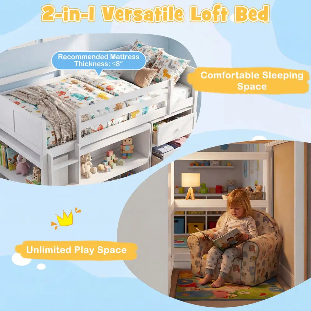 Twin Size Loft Bed with LED Lights and Underbed Space for Kids-White - White - Bunk Bed Frame