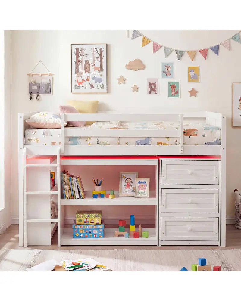 Twin Size Loft Bed with LED Lights and Underbed Space for Kids-White - White - Bunk Bed Frame