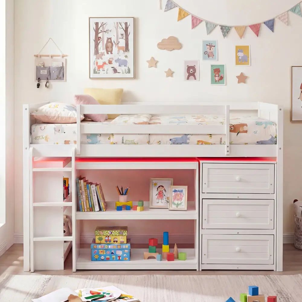 Twin Size Loft Bed with LED Lights and Underbed Space for Kids-White - White - Bunk Bed Frame