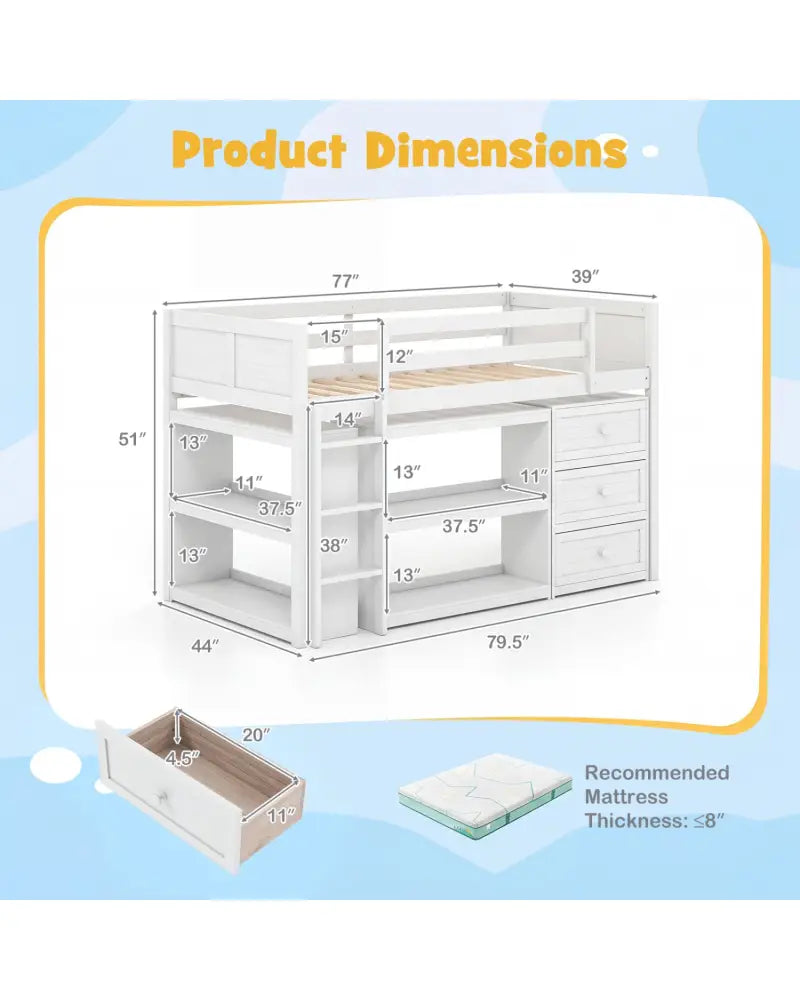Twin Size Loft Bed with LED Lights and Underbed Space for Kids-White - White - Bunk Bed Frame