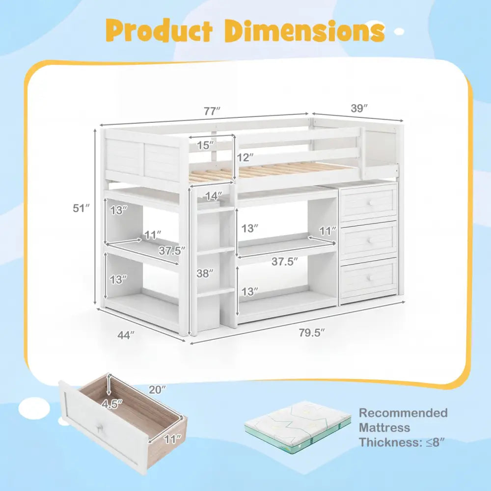 Twin Size Loft Bed with LED Lights and Underbed Space for Kids-White - White - Bunk Bed Frame