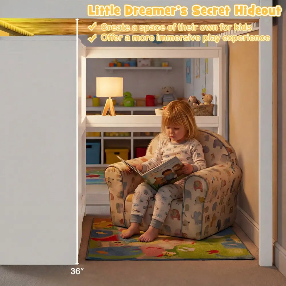 Twin Size Loft Bed with LED Lights and Underbed Space for Kids-White - White - Bunk Bed Frame