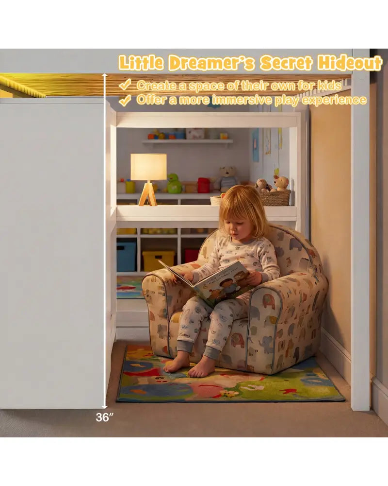 Twin Size Loft Bed with LED Lights and Underbed Space for Kids-White - White - Bunk Bed Frame