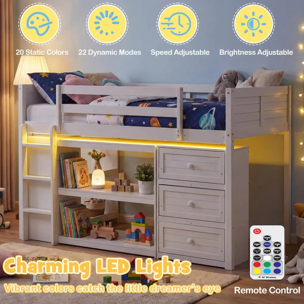 Twin Size Loft Bed with LED Lights and Underbed Space for Kids-White - White - Bunk Bed Frame