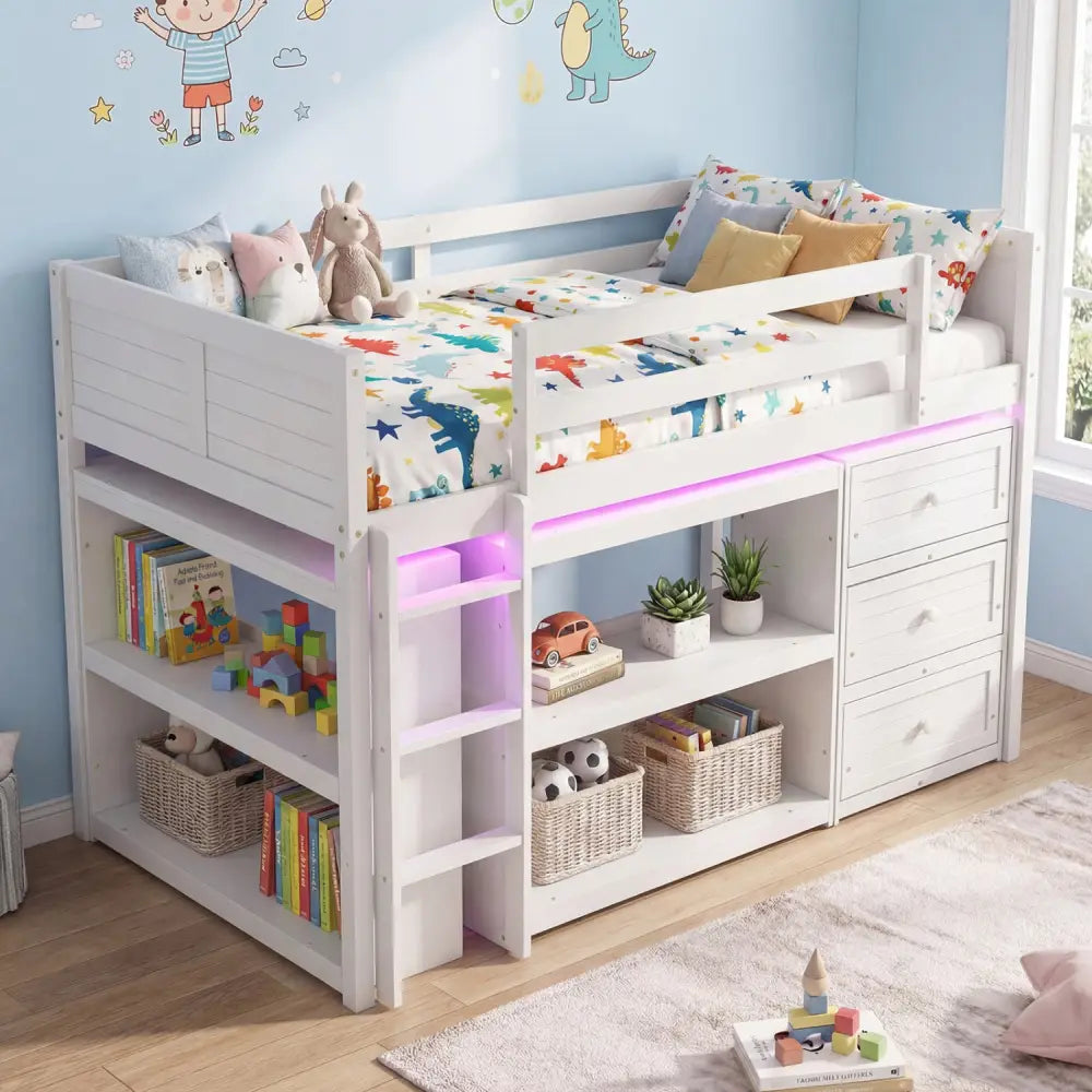 Twin Size Loft Bed with LED Lights and Underbed Space for Kids-White - White - Bunk Bed Frame