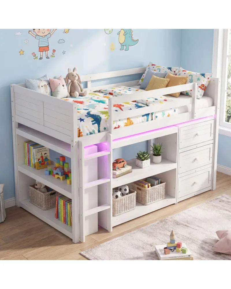 Twin Size Loft Bed with LED Lights and Underbed Space for Kids-White - White - Bunk Bed Frame