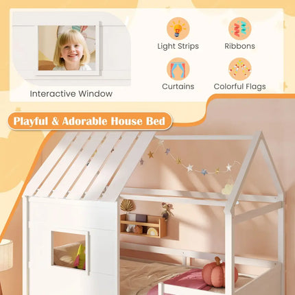 Twin Size Loft Bed with LED Lights Roof Window and Storage Bookshelf-White - White - Bunk Bed Frame
