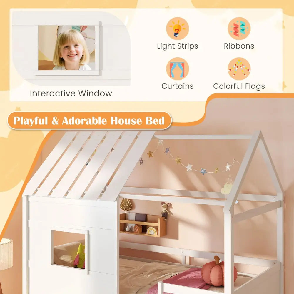 Twin Size Loft Bed with LED Lights Roof Window and Storage Bookshelf-White - White - Bunk Bed Frame