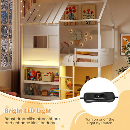 Twin Size Loft Bed with LED Lights Roof Window and Storage Bookshelf-White - White - Bunk Bed Frame