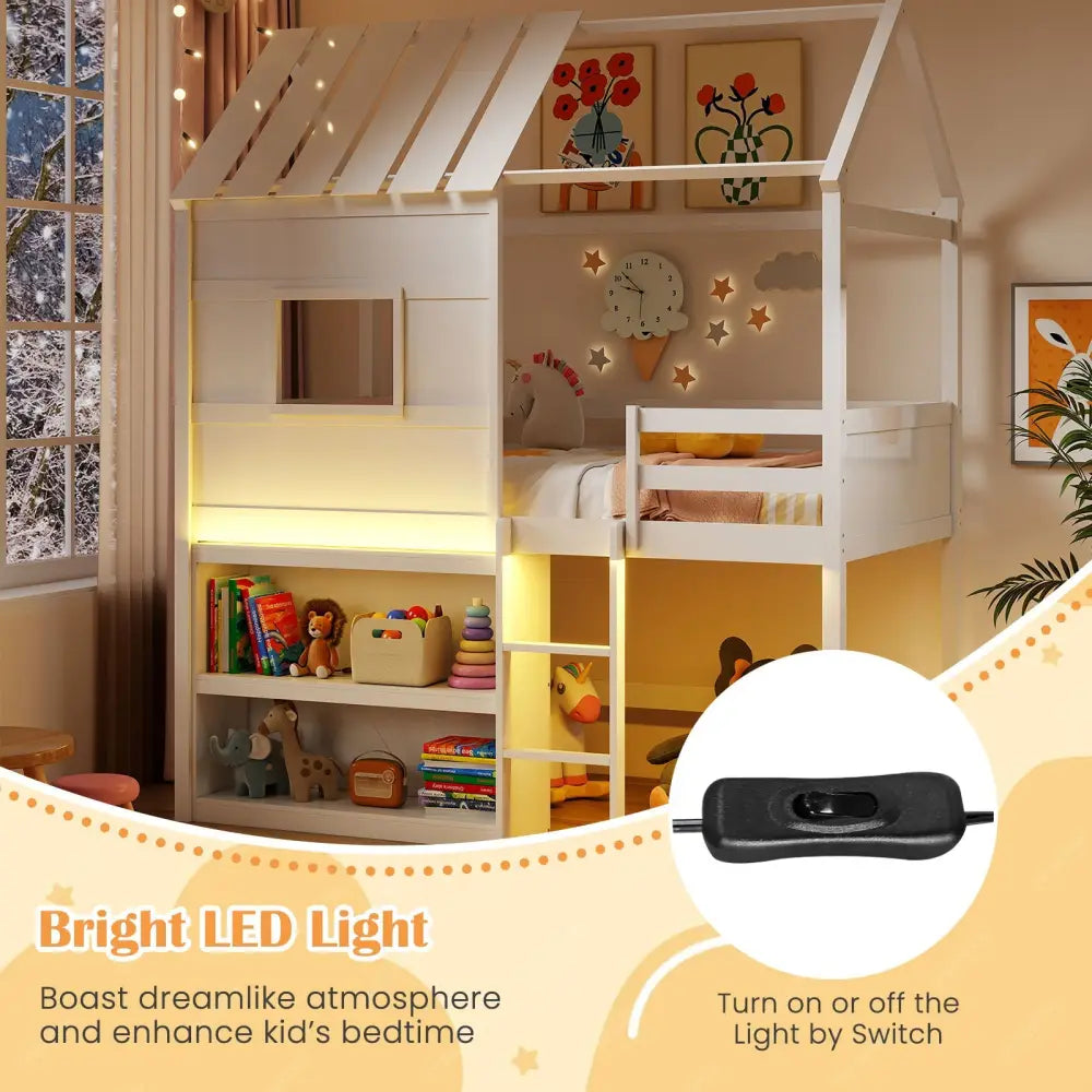 Twin Size Loft Bed with LED Lights Roof Window and Storage Bookshelf-White - White - Bunk Bed Frame
