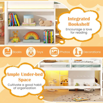 Twin Size Loft Bed with LED Lights Roof Window and Storage Bookshelf-White - White - Bunk Bed Frame