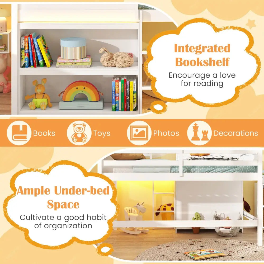 Twin Size Loft Bed with LED Lights Roof Window and Storage Bookshelf-White - White - Bunk Bed Frame