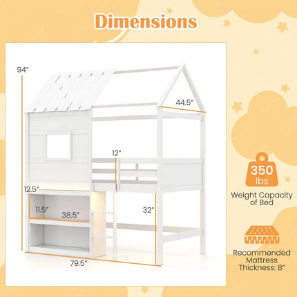 Twin Size Loft Bed with LED Lights Roof Window and Storage Bookshelf-White - White - Bunk Bed Frame