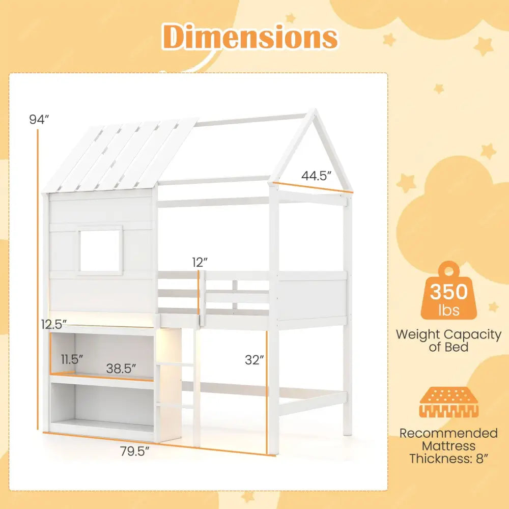 Twin Size Loft Bed with LED Lights Roof Window and Storage Bookshelf-White - White - Bunk Bed Frame