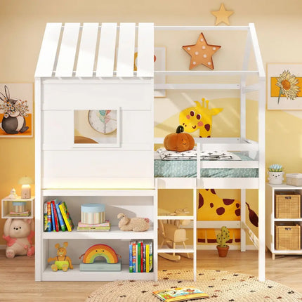 Twin Size Loft Bed with LED Lights Roof Window and Storage Bookshelf-White - White - Bunk Bed Frame