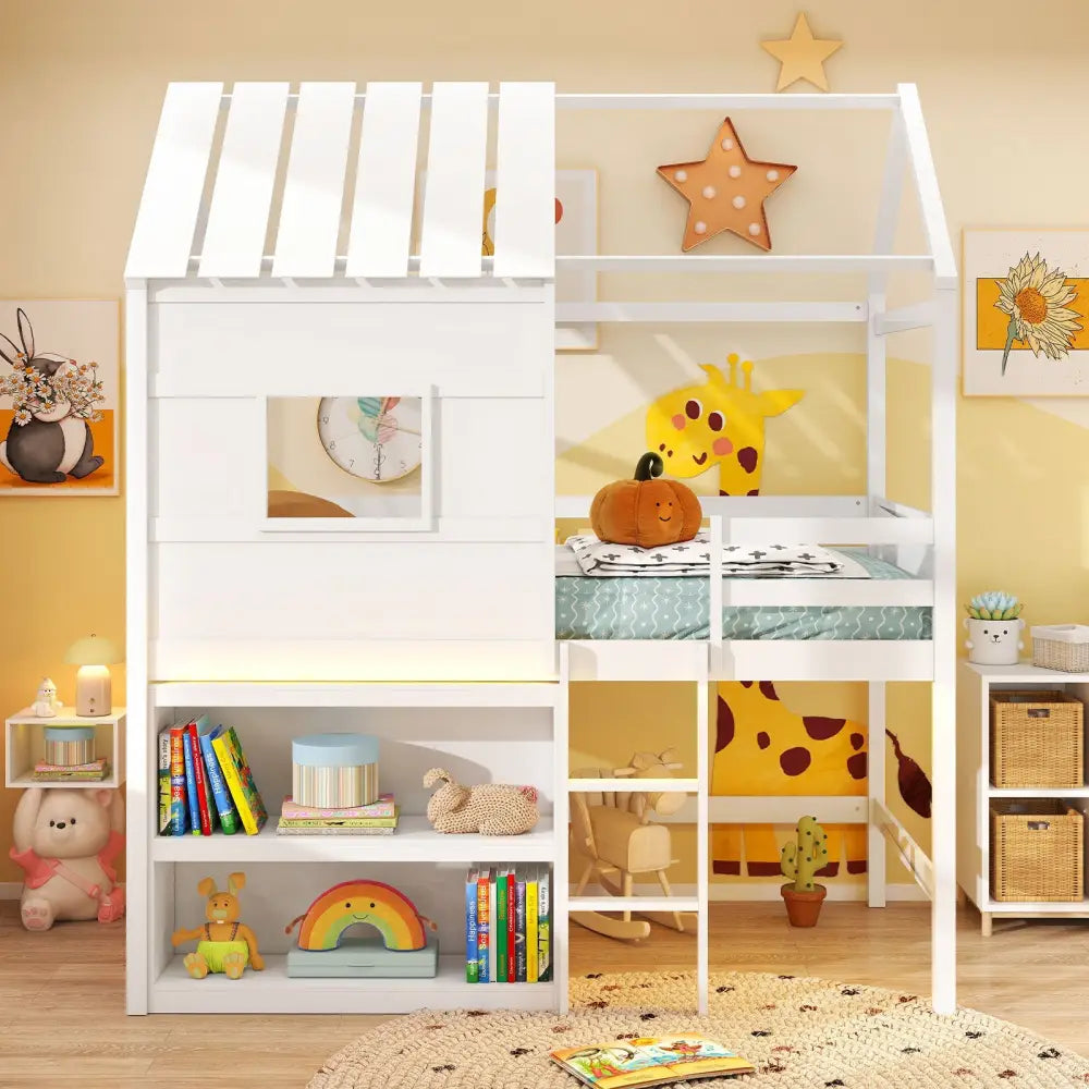 Twin Size Loft Bed with LED Lights Roof Window and Storage Bookshelf-White - White - Bunk Bed Frame