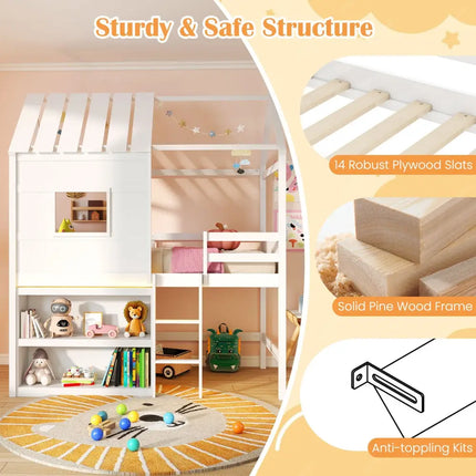 Twin Size Loft Bed with LED Lights Roof Window and Storage Bookshelf-White - White - Bunk Bed Frame