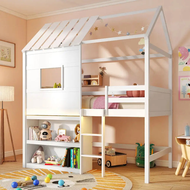 Twin Size Loft Bed with LED Lights Roof Window and Storage Bookshelf-White - White - Bunk Bed Frame