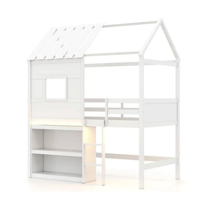 Twin Size Loft Bed with LED Lights Roof Window and Storage Bookshelf-White - White - Bunk Bed Frame