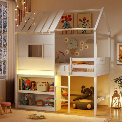 Twin Size Loft Bed with LED Lights Roof Window and Storage Bookshelf-White - White - Bunk Bed Frame