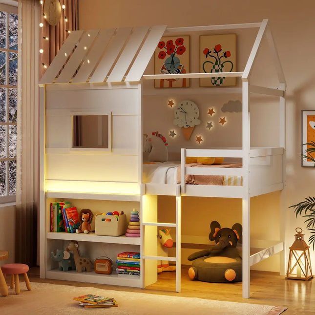 Twin Size Loft Bed with LED Lights Roof Window and Storage Bookshelf-White - White - Bunk Bed Frame