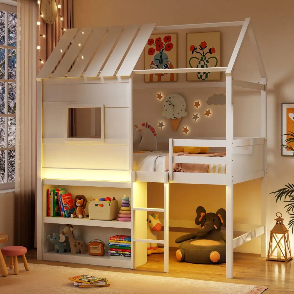 Twin Size Loft Bed with LED Lights Roof Window and Storage Bookshelf-White - White - Bunk Bed Frame